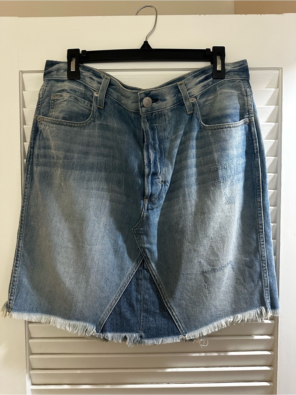 AMO Light Blue Distressed Denim Mini Skirt